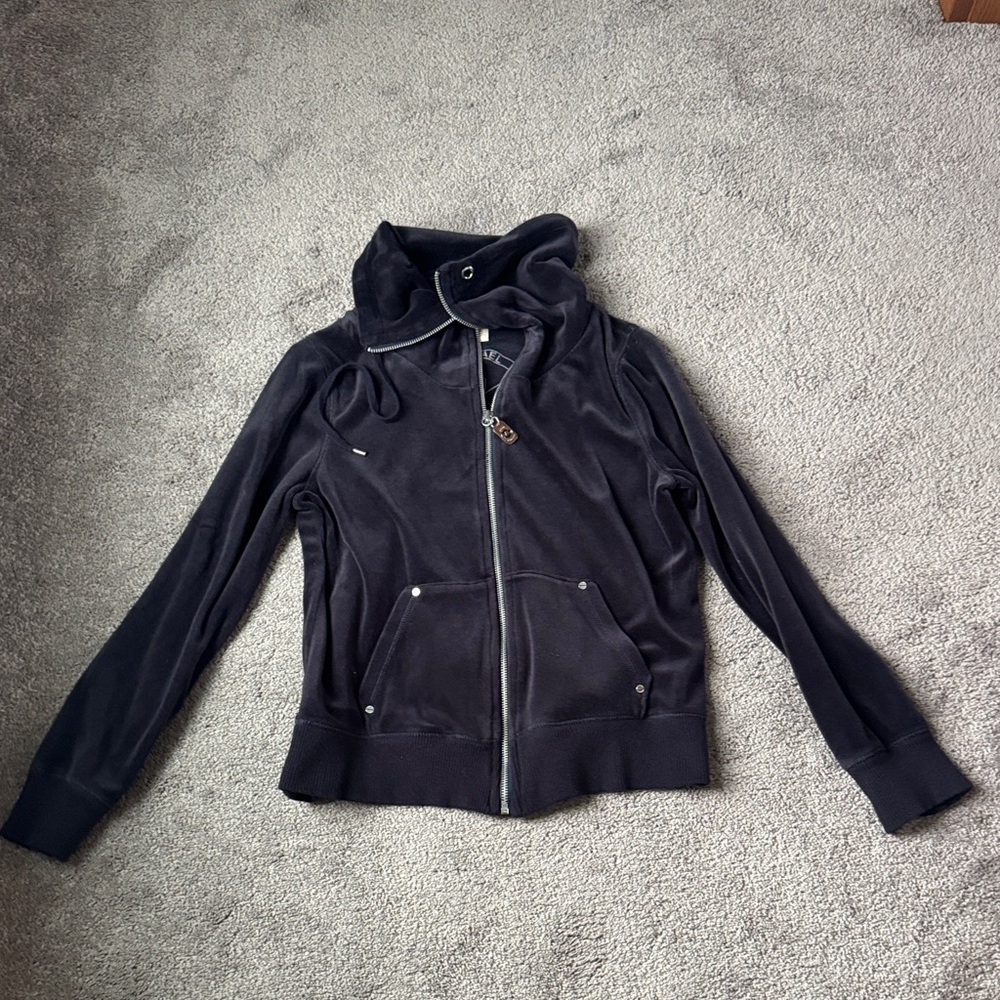 MICHAEL Michael Kors Velour Zip Up Hoodie Cowl Neck Black Jacket SIZE M
